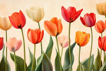 Vibrant tulips in bloom with soft pastel background ideal for celebrating spring and floral beauty in nature photography