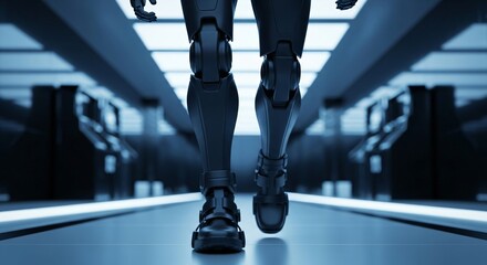 Futuristic Robot Walking in a Modern, Sleek, Blue-lit Environment