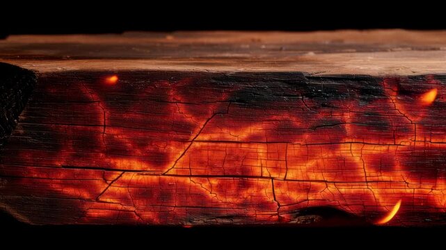 Yule log burning in warm fireplace concept. A close-up view of a log with glowing embers, showcasing its fiery textures and intricate details.