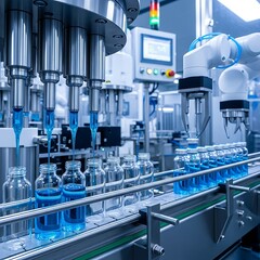 Automated liquid filling line with robotic arms efficiently fills bottles with a blue liquid in a modern production facility.