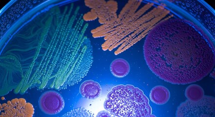 Vibrant, colorful colonies of microorganisms are shown in a petri dish under illumination, displaying varied patterns and hues.
