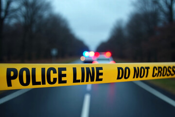 Police Line Tape with a Blurred Police Car at a Crime Scene