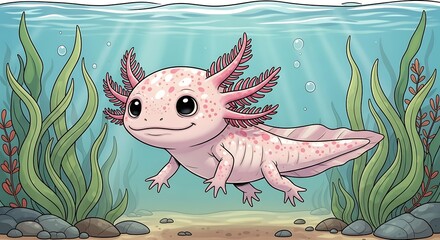 A charming illustration of a spotted axolotl swimming amidst vibrant underwater plants.