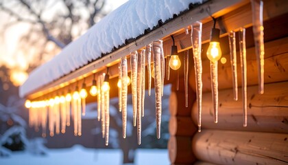 Icicles and warm lights on a log cabin roof in winter