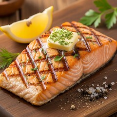 A grilled salmon fillet, beautifully seasoned, sits on a wooden board with a slice of lemon and butter.