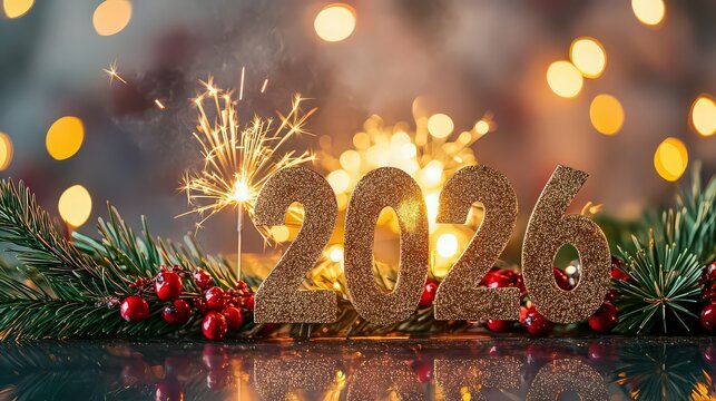 Sparkling 2026 new year decoration with sparkler and christmas tree branch, festive holiday concept - Powered by Adobe