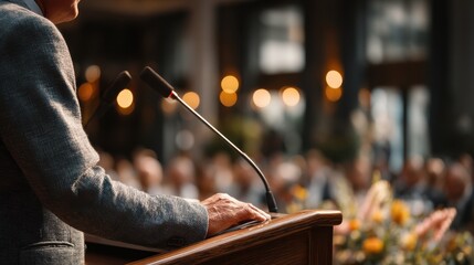 A person speaks at a podium with a microphone in front of an audience, blurred lights and flowers visible in the background.