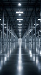 A vast, empty warehouse interior, brightly lit, showcasing a polished concrete floor reflecting the overhead lights.