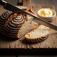 A freshly baked loaf of artisan bread, artfully sliced with a serrated knife, rests on a rustic wooden cutting board, showcasing its intricate design and golden-brown crust.