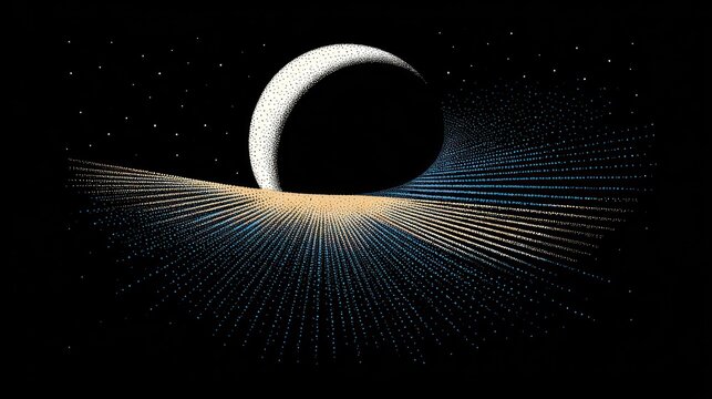 Crescent moon over digital rays on black background