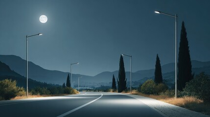 Empty road at night under a full moon.  Street lamps illuminate the way