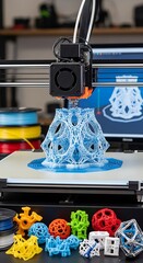 A 3D printer meticulously creating a complex, intricate, light-blue structure, showcasing its precision and artistry.