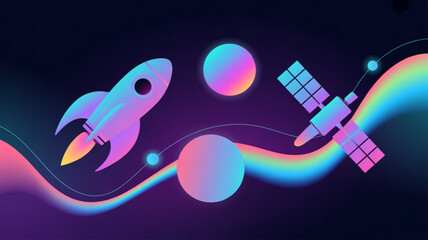 A vibrant space exploration concept featuring a rocket, satellite, and planets against a dark backdrop, symbolizing cosmic journeys and technological advancement