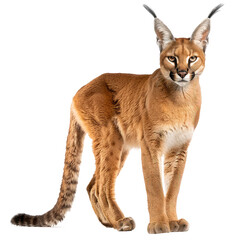 A caracal cat standing in front of a transparent background.