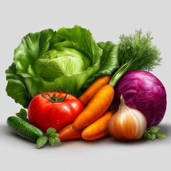 Fresh vegetables assortment with cabbage, tomato, carrot, cucumber, onion, dill and red cabbage on light background, healthy organic food concept
