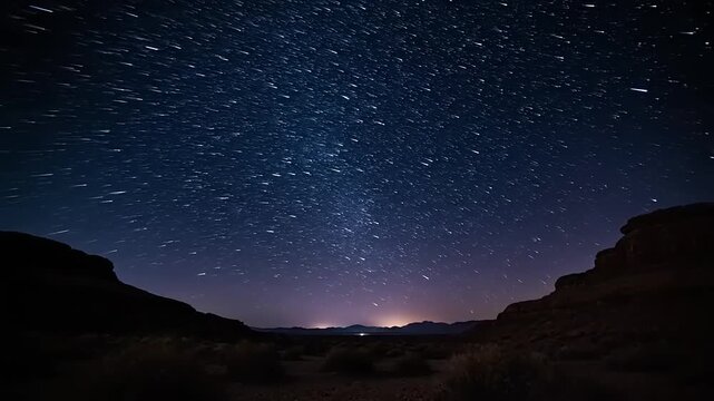 Vast Starry Night Sky Over Desert Landscape With Distant Lights