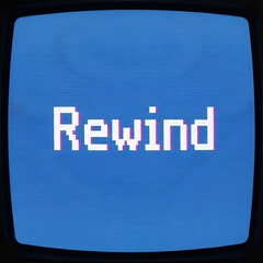 A retro-styled, pixelated "rewind" command displayed on a vintage television screen.