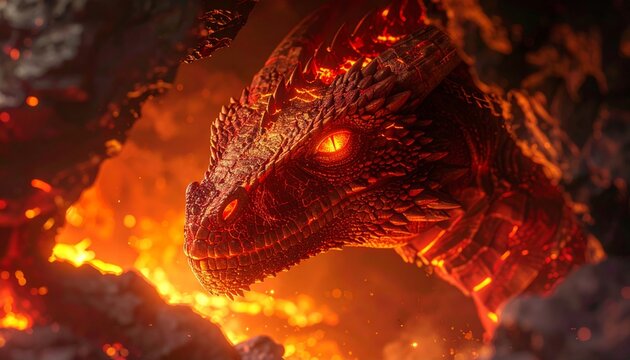 Head of a crimson dragon peeking through molten lava cave, glowing amber eyes and obs