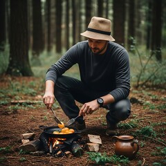 A man in a straw hat, crouched by a campfire, cooks food in a pan.