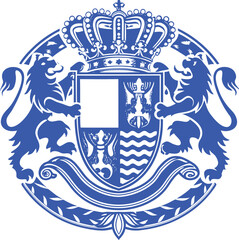 Elegant blue heraldic crest featuring a crown, shield, and twin lions. Perfect for regal designs, luxury branding, historical art, or decorative emblems with prestige.
