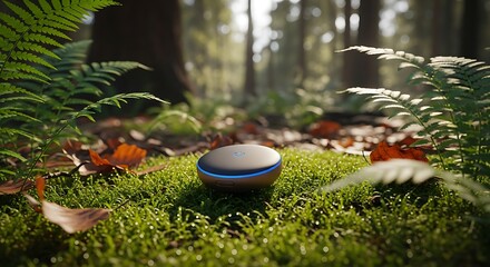 A modern round speaker rests on a bed of moss and fallen leaves in a tranquil forest setting, bathed in ambient sunlight.