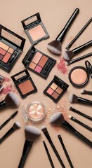 Assorted makeup products and brushes arranged artfully on a light beige surface, showcasing a range of colors and textures.