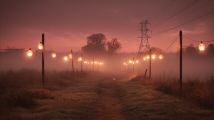Misty path, strung with warm lights, leads to a powerline tower at dawn