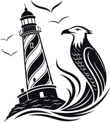 A striking black lighthouse and eagle design symbolizing guidance, strength, and freedom. Perfect for T-shirts, tattoos, logos, or digital prints with a bold modern touch.