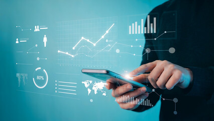 Analyze business growth and financial data on futuristic digital dashboard with smartphone