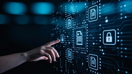 Interacting with digital files and security icons on a futuristic interface