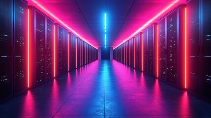 Fototapeta premium 3D Rendering of Data Center Interior: Rows of Black Server Equipment + Blue/Purple/Pink Neon Lights, Soft Light Highlights Cabinet Details (No People Minimalist Dynamic) 