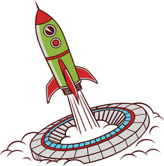 A colorful retro rocket blasting off with smoke and energy, perfect for space lovers, dreamers, and explorers who believe in adventure, discovery, and endless imagination.