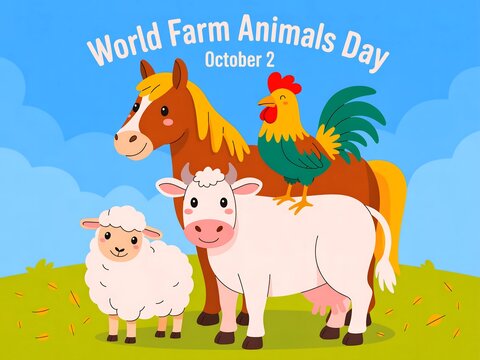 Gradient background of world farm animals day with horse, cow, sheep and rooster on green meadow