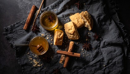 Rustic display of golden honey, delectable cookies, and warm spices.