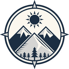 Stylish compass logo with mountains, sun, and pine trees, perfect for outdoor brands, hiking clubs, travel gear, camping, or adventure enthusiasts seeking a bold identity.