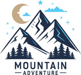 Bold mountain adventure logo with moon, stars, and pine trees. Perfect for outdoor brands, hiking clubs, camping, or travel gear seeking a rugged yet stylish identity.