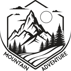Bold mountain adventure badge featuring peaks, trees, and sun. Perfect for hikers, travelers, and outdoor lovers who embrace nature, camping, and wilderness exploration.