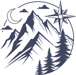 Bold mountain peaks, compass rose, moon, and pine trees form a timeless outdoor design that inspires exploration, travel, and adventure for nature and wilderness lovers.