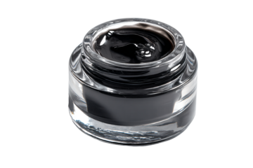 a black jar of liquid with a white background
