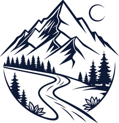 A bold vector illustration of towering mountains, winding river, and evergreen pine trees under a crescent moon, perfect for nature lovers, adventure themes, and outdoor designs.