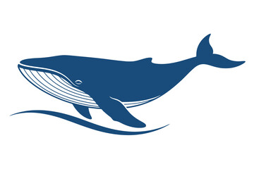 A stylized blue whale illustration swimming in ocean waves perfect for marine life and ocean themed designs