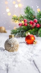 Festive Christmas ornaments in snow