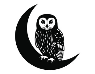 Stylized black and white owl perched on a crescent moon showcasing a mystical and nocturnal design perfect for Halloween and gothic themed