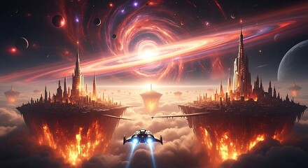 Floating cities ablaze, caught in a cosmic vortex, amidst a vibrant display of celestial bodies.