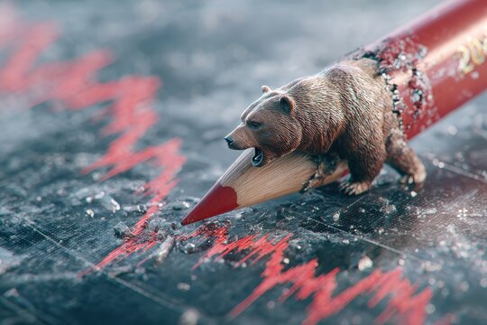 Bear Market Concept - Bear Riding a Pencil on a Declining Graph.