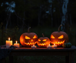 Fototapeta premium Carved pumpkins glowing by candlelight at night.