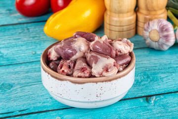 Raw chicken hearts for cooking