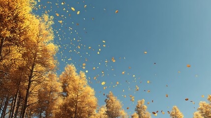 Serene autumn forest with golden leaves gently falling under wide clear sky, peaceful seasonal nature background with empty space for sale promotion text or inspirational design overlay.