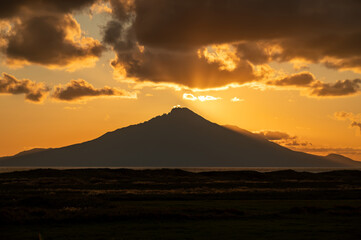 Sunset at RishiriFuji photographed from Sarobetsu Wetlands in Hokkaido, Japan