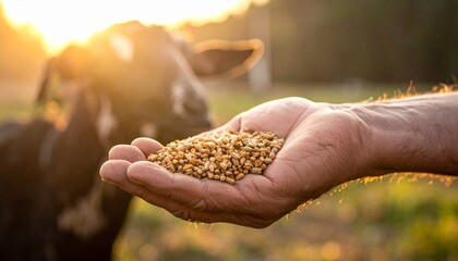 Close-up of a hand feeding a goat with grains in golden sunset light.